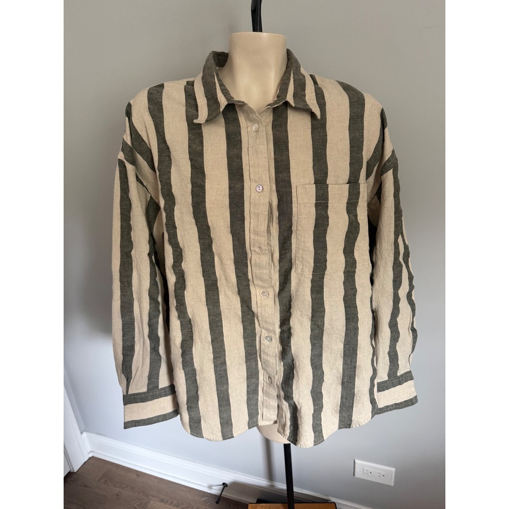 Faherty Women M Organic Cotton Linen Striped Button Down Shirt Olive Cream